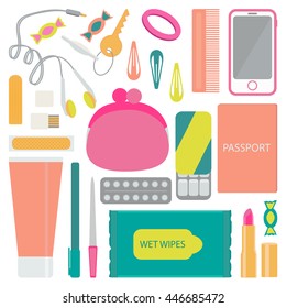 Headphones, candy, purse, hair scrunchies, hair pins, comb, cell phone, hygiene pad, flash card, adhesive tape, gum, pain reliever, nail file, pen, lipstick, passport, hand cream. Vector illustration.