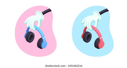 Headphones with Cartoon hand, Isometry. Set of wireless Headphone in isometric style. Call to action of using earphones. Vector illustration for landing page, banner, poster