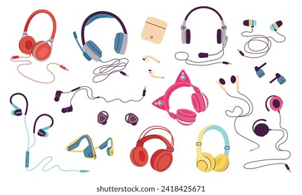 Headphones. Cartoon headphone, audio wireless and wired equipment. Isolated earphones for devices, smartphones and music record, decent vector set