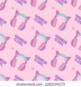 Headphones with cat ears for gamer girl on pink background. Vector seamless pattern in kawaii style