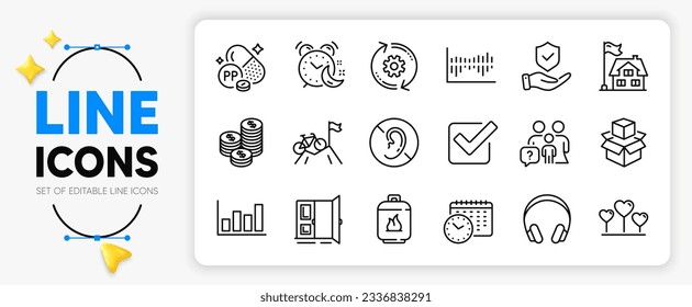 Headphones, Checkbox and Niacin line icons set for app include Love heart, No hearing, Packing boxes outline thin icon. Alarm, Calendar time, Cogwheel pictogram icon. Building. Vector