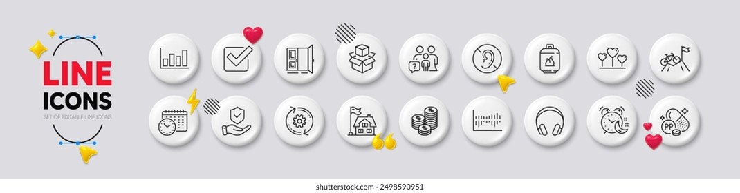 Headphones, Checkbox and Niacin line icons. White buttons 3d icons. Pack of Love heart, No hearing, Packing boxes icon. Alarm, Calendar time, Cogwheel pictogram. Vector