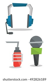 Headphones, classic microphone and studio microphone vector flat design illustration isolated on white background.