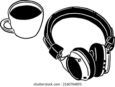 Headphones with Coffee cup Listening podcast equipment Hand drawn Line art Illustration