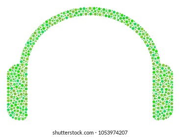Headphones collage of dots in different sizes and ecological green color tints. Circle elements are composed into headphones vector mosaic. Freshness vector design concept.
