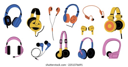 Headphones collection. Cartoon wired and wireless earphones, audio electronic equipment for music listening, device accessory. Vector isolated set of equipment sound and music speaker illustration