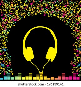 Headphones and colourful music notes background