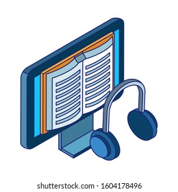 headphones and computer with book on screen over white background, vector illustration
