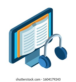 headphones and computer with book on screen over white background, vector illustration
