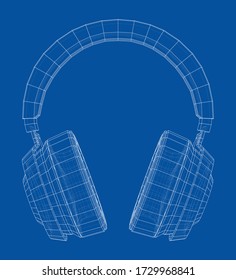Esquema del concepto de audífonos. Representación vectorial de 3d. Estilo de marco de cables. Las capas de líneas visibles e invisibles están separadas