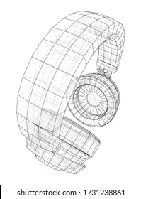 Esquema del concepto de audífonos. Representación vectorial de 3d. Estilo de marco de cables. Las capas de líneas visibles e invisibles están separadas
