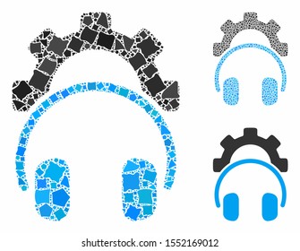 Headphones configuration gear composition of bumpy pieces in various sizes and shades, based on headphones configuration gear icon. Vector bumpy items are united into composition.