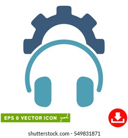 Headphones Configuration Gear EPS vector pictograph. Illustration style is flat iconic bicolor cyan and blue symbol on white background.