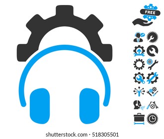 Headphones Configuration Gear icon with bonus tools design elements. Vector illustration style is flat iconic blue and gray symbols on white background.
