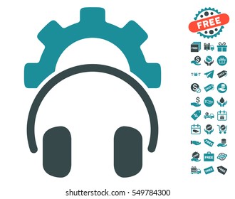 Headphones Configuration Gear icon with free bonus clip art. Vector illustration style is flat iconic symbols, soft blue colors, white background.