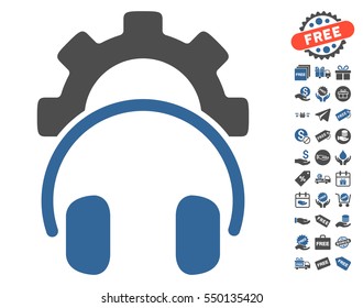 Headphones Configuration Gear icon with free bonus images. Vector illustration style is flat iconic symbols, cobalt and gray colors, white background.