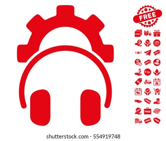 Headphones Configuration Gear icon with free bonus graphic icons. Vector illustration style is flat iconic symbols, red color, white background.