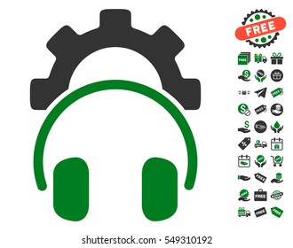 Headphones Configuration Gear pictograph with free bonus graphic icons. Vector illustration style is flat iconic symbols, green and gray colors, white background.