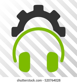 Headphones Configuration Gear vector icon. Illustration style is flat iconic bicolor eco green and gray symbol on a hatched transparent background.