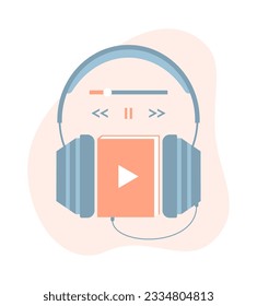 Headphones connected to the book. Listening to an audiobook. Flat vector illustration