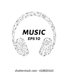 Headphones consists of points, lines and triangles. The polygon shape in the form of a silhouette of headphones on a white background. Vector illustration