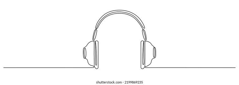 Headphones continuous line art. Hand drawing music gadget symbol. Vector isolated on white.