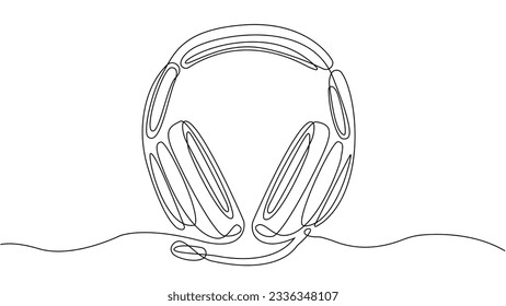 Concepto de línea continua de auriculares. Gadget y dispositivo para escuchar música, podcasts y archivos de audio. Creatividad minimalista y arte. Ilustración lineal lineal vectorial aislada en fondo blanco