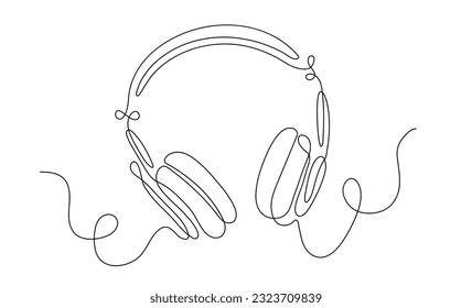 Headphones continuous line concept. Inventory for listening to audio files and songs, speaker equipment. Gadget and device. Minimalist creativity and art. Linear flat vector illustration