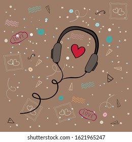 Headphones with cord. Love of music, Love card. Birthday, Valentine's Day. Vector illustration on color backgrounds.