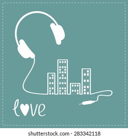 Headphones cord in shape of equalizer building house with switch on light windows Love Music background card. Outline icon. Flat design Vector illustration.
