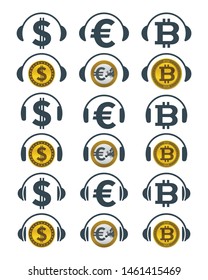 Headphones and currencies. Financial and musical equipment vector icons.