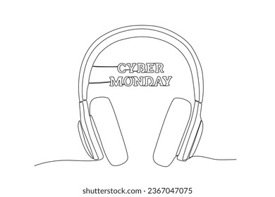 Headphones with a cyber number written on them. Cyber Monday one-line drawing