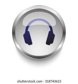 Headphones dark blue vector icon on a glossy glass button with chrome on white background