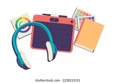 headphones and device with notebook, desk design