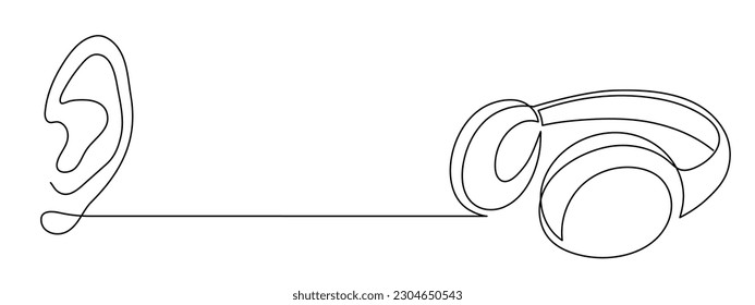 Auriculares y oído arte de una línea, dispositivo de audición dibujado a mano contorno continuo de gadget.Concepto de música de escucha inalámbrico en línea, tecnología para canciones de audición y esquema de plantilla de listas de reproducción.Accionamiento editable