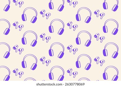 Headphones and Earbuds Pattern – Music Listening Seamless Background. Stylized seamless pattern featuring classic headphones and modern wireless earbuds in a fun retro style.