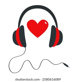 Headphones earphones with cord. Black Red silhouette. Headphone icon. Red heart sign symbol. Love greeting card, banner template. Flat design. White background. Isolated. Vector illustration