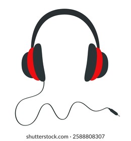 Headphones earphones with cord. Black Red silhouette. Headphone icon sign symbol. Love greeting card, banner template. Flat design. White background. Isolated. Vector illustration