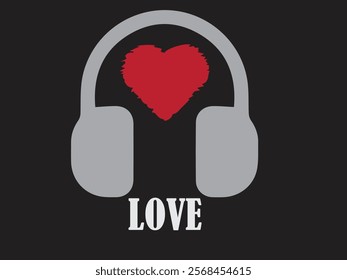 Headphones earphones with cord and word Love. Black silhouette. Headphone icon. Red music sound wave heart. Greeting card. Flat design. White background. Isolated. Vector illustration