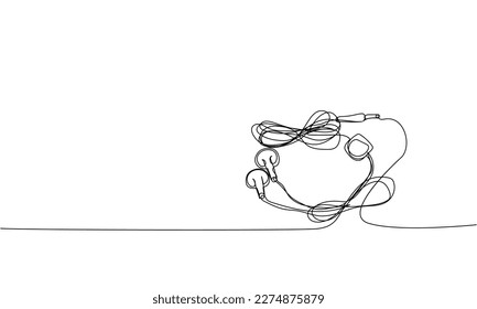 Headphones, earphones one line art. Continuous line drawing of music, headphone, headset, portable, sound, audio, hear, dj, listen, listening, ear, electronic, mobile, relax, radio