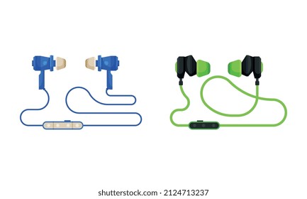 Headphones or Earphones as Pair of Loudspeaker Drivers with Cord Worn Over Ears Vector Set