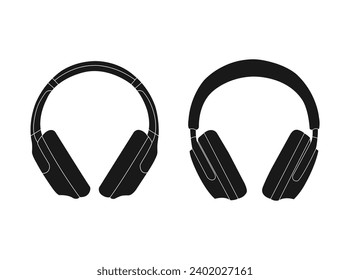 Icono de la silueta de auriculares auriculares auriculares. Equipo para podcasting, aprendizaje vectorial, escuchar música. ilustración vectorial en blanco y negro. Colección vectorial plana aislada en fondo blanco. EPS 10.