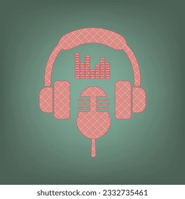 Headphones with equalizer sign. Apricot Icon with Brick Red parquet floor graphic pattern on a Ebony background. Feldgrau. Green. Illustration.