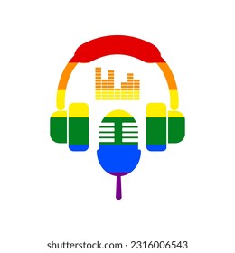 Headphones with equalizer sign. Rainbow gay LGBT rights colored Icon at white Background. Illustration.