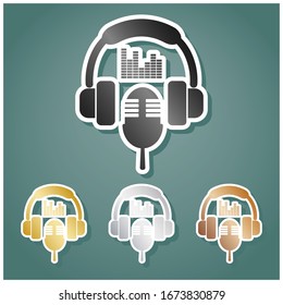 Headphones with equalizer sign. Set of metallic Icons with gray, gold, silver and bronze gradient with white contour and shadow at viridan background. Illustration.