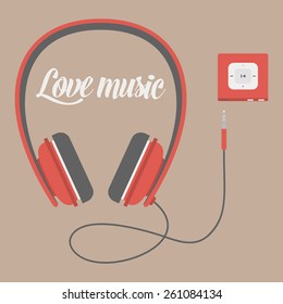 Headphones, flat icon isolated on a brown background. Sound concept background design layout for poster flyer cover brochure. Vecrot flat