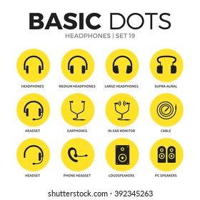 Headphones flat icons set with medium headphones, headset form and cable form isolated vector illustration on white