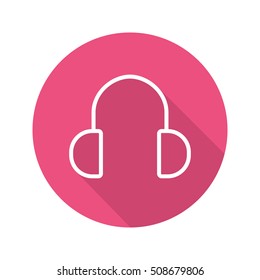 Headphones flat linear long shadow icon. Listen to music vector line symbol