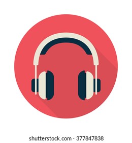 Headphones in flat style. White headphones. Headphones icon with long shadow. Flat design. Vector