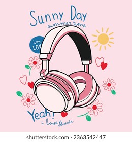 headphones with flowers : Sunny day with music : Vector Illustration